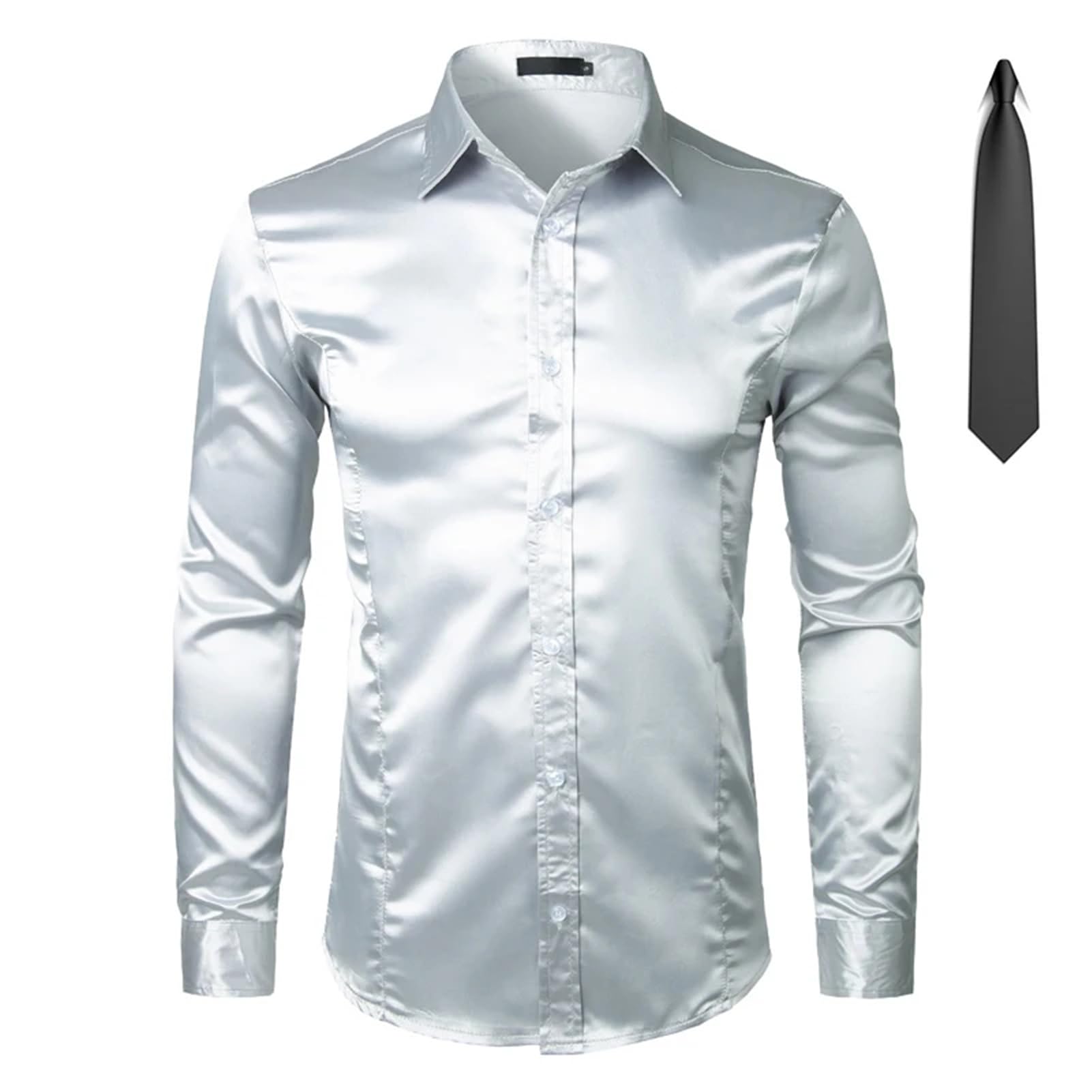 ZMIN Herren Gold Seide Satin 2 Stück Hemden (Hemd + Krawatte) Slim Fit Button Down Hochzeit Party Abschlussball Hemd Männlich Chemise Homme