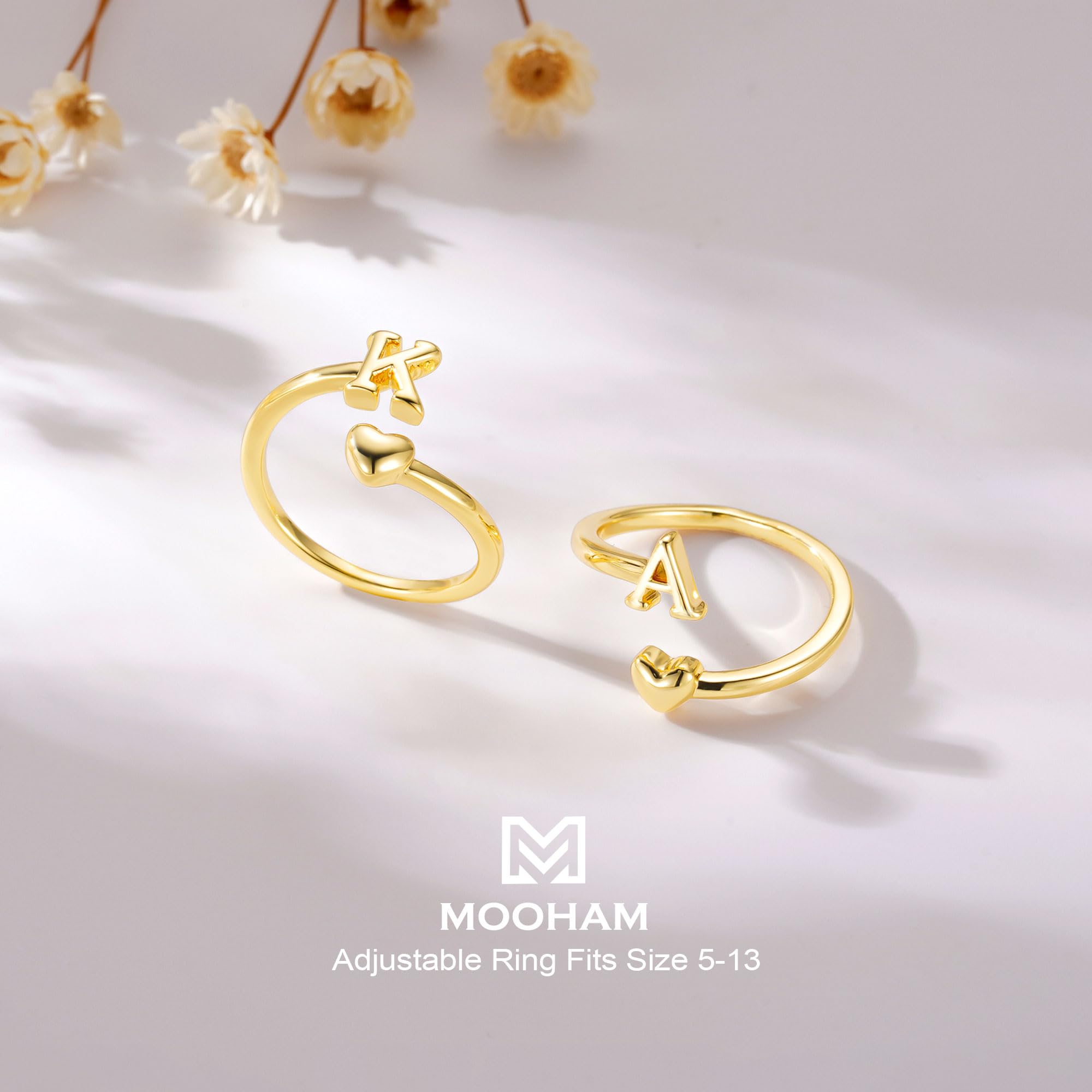 M MOOHAM Stocking Stuffers for Teen Girls Women - Gold Rings for Women Girls 14K Gold Plate Initial Rings for Women Non Tarnish Letter A- Z Dainty Heart Ring Adjustable Pinky Ring Personalized Jewelry Gifts