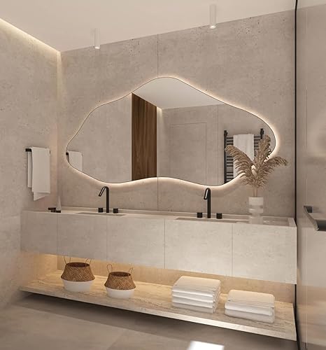 Miniatura 6 de Espejo LED asimétrico para baño, moderno espejo de pared de forma irregular con luces LED, espejo de tocador ilimunado sin marco estético