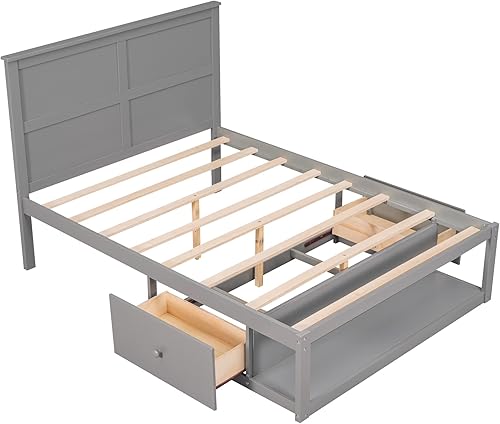 Miniatura 6 de Harper & Bright Designs Cama matrimonial con cajones de almacenamiento y estante, marco de cama de plataforma de tamaño matrimonial de madera maciza