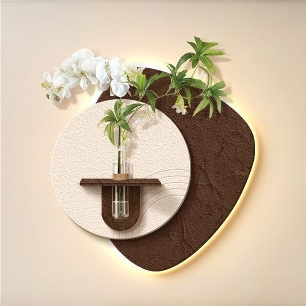Ejmpsgw Wall Art Decor with LED, Sandstone Texture Wall Decoration with Artificial Green Plants, Wall Hanging for Living Room, Bedroom, Dining Room and Entrance(Brown,31.4 * 31.4in)