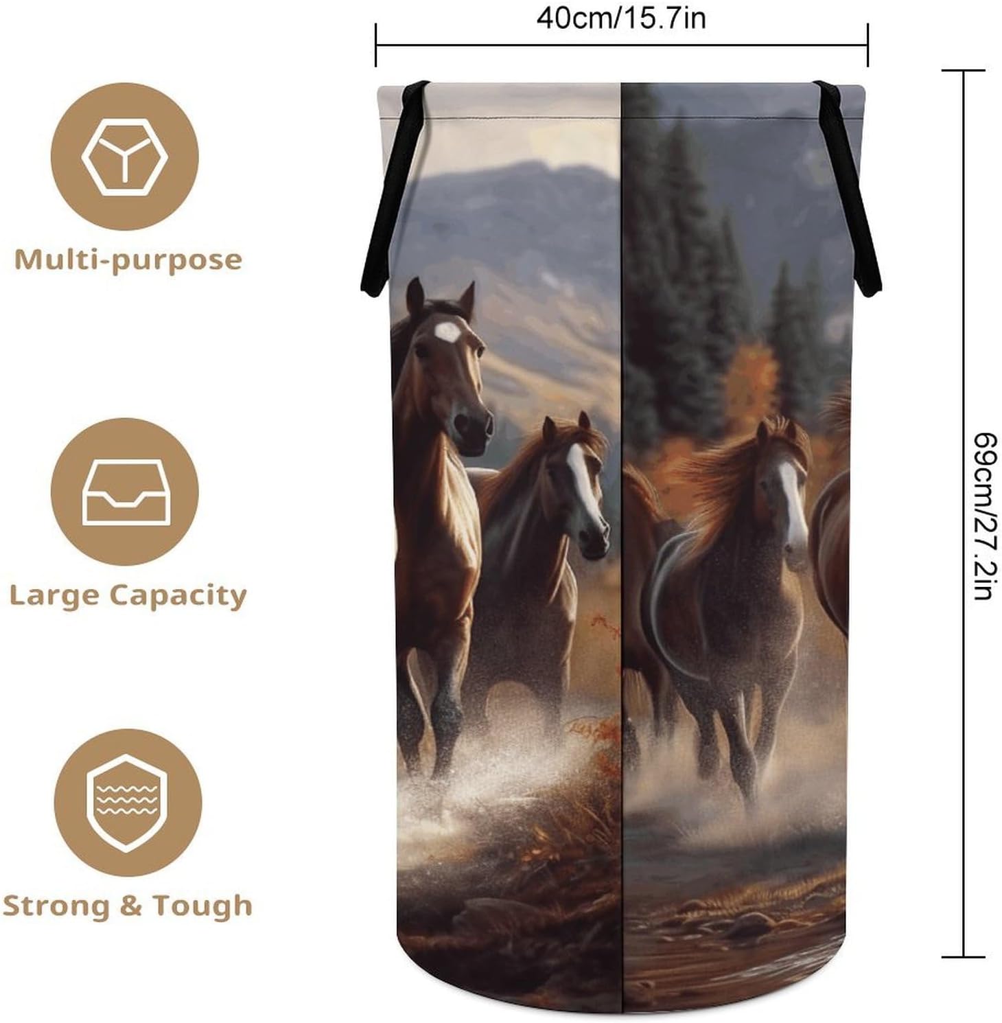 Horses Laundry Hamper with Handles Waterproof Collapsible Laundry Basket Large Lightweight Round Dirty Clothes Hamper for Home Dorm Bathroom Decor