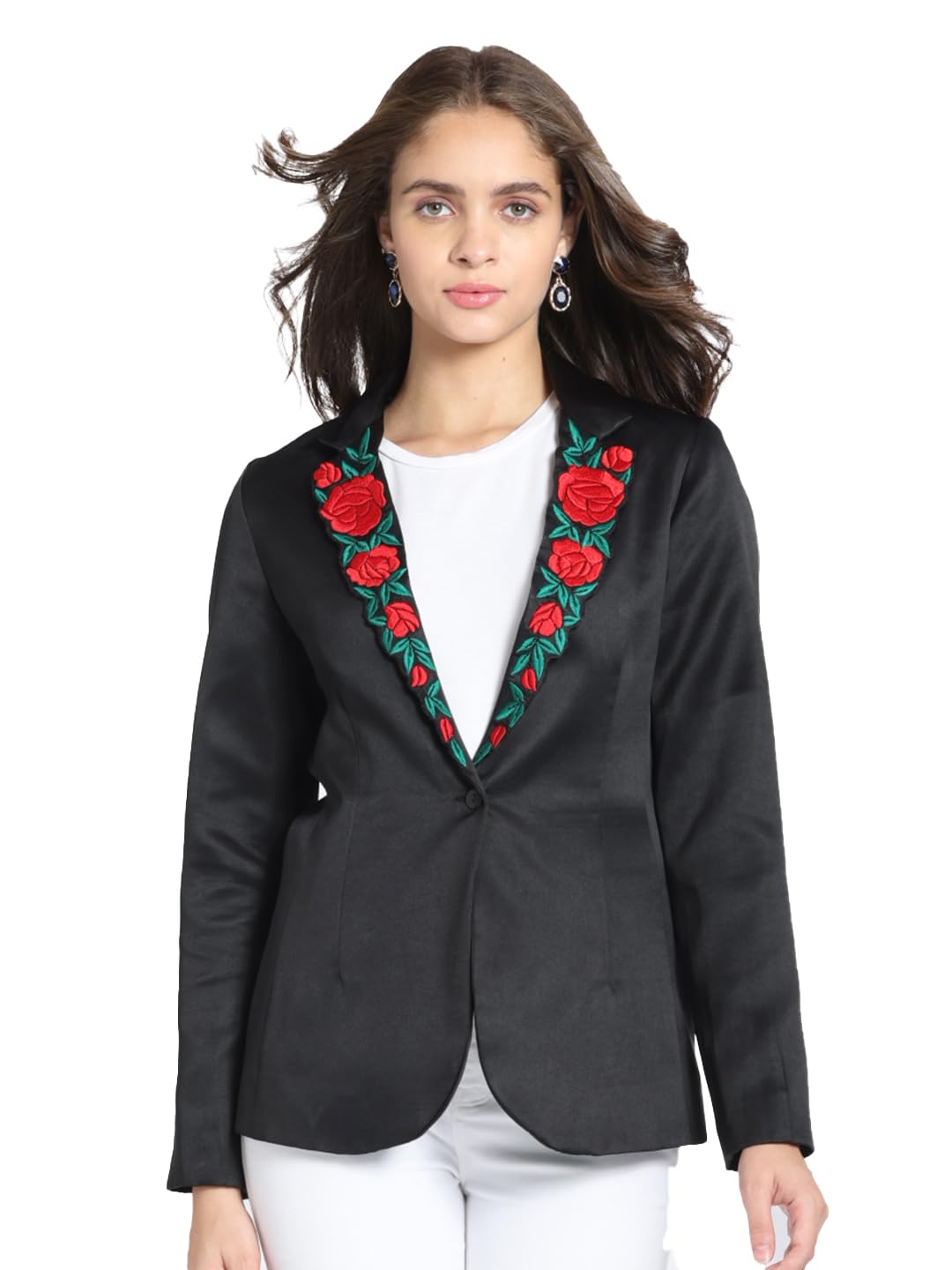 Black Embroidered Notch Lapel Collar Long Sleeves Casual Blazer for Women-image-28