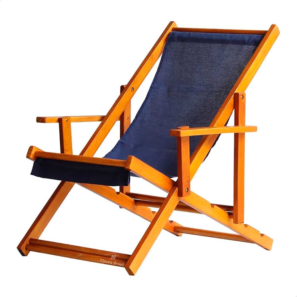 Espreguiçadeira em Madeira Maciça para Piscina, Praia – Com Braço, Dobrável, Acabamento Envernizado (Azul Marinho)
