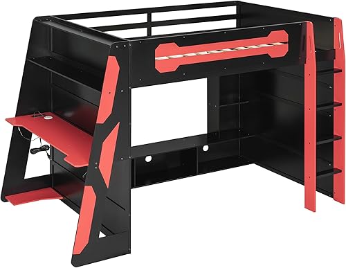 Miniatura 52 de Cama loft de madera para juegos de tamaño matrimonial con escritorio para computadora y luces RGB, cama para juegos, armario abierto integrado y