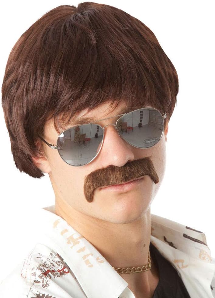 ALLAURA Compatible with Sonny Bono Wig – 60s 70s Men’s Short Brown Wig + Mustache for Hippie, Singer, TV Star, Cop, Detective Costumes – Liberty Duo, Limu & Doug, Uncle Rico, Retro Halloween Outfit