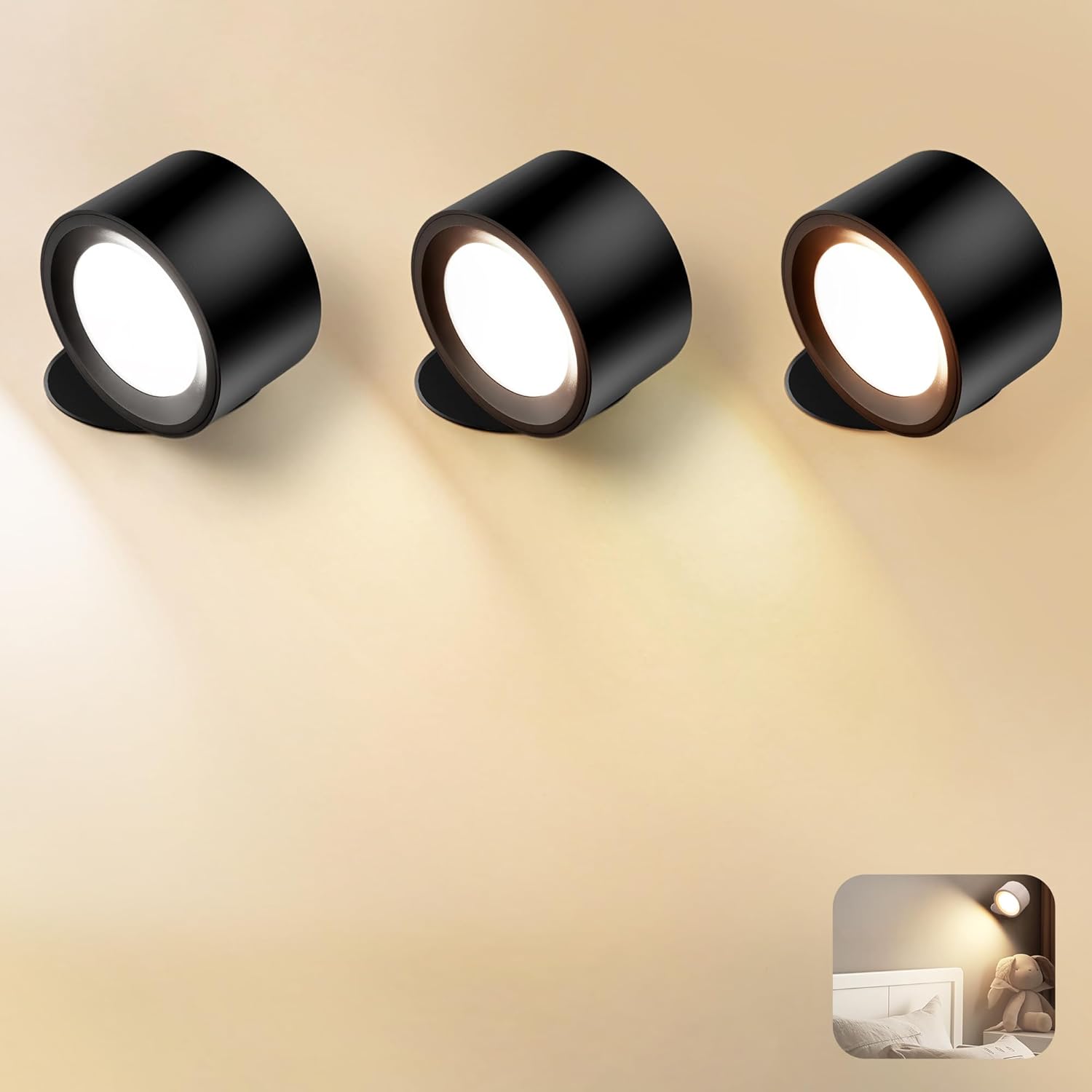 Wall Mounted Lamp LED Wall Lights with Rechargeable Battery Operated, 3 Color Temperatures & 3 Brightness Levels 360°Rotate Magnetic Ball, Cordless Sconces for Reading Bedroom Bedside,White-2 Pack