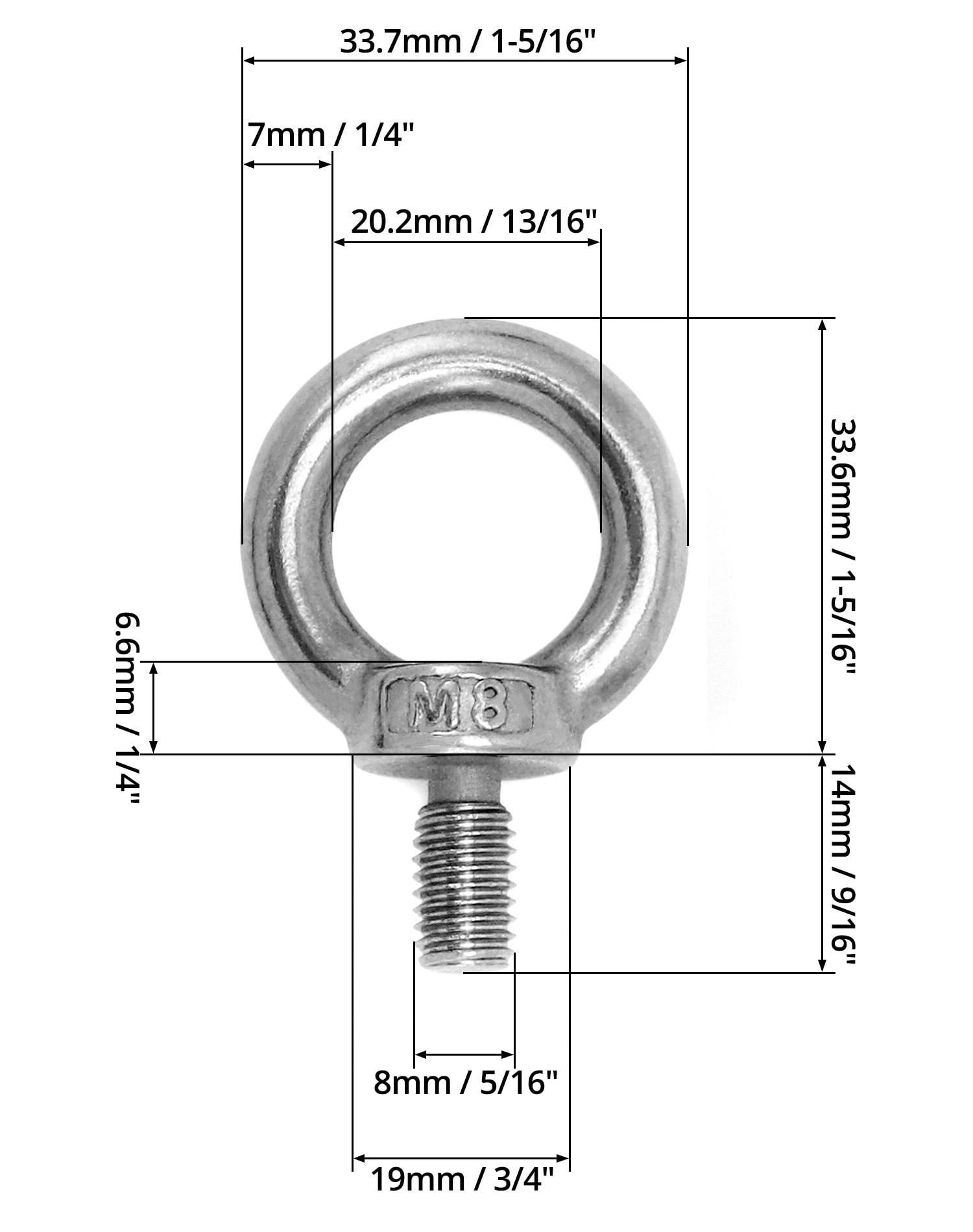 QWORK® 20 Pièces M8 Anneau de Levage, M8 Boulons àœil Filetage Mâle, pour Marin Boulons et Équipements de Levage d'Ingénierie (120KG)