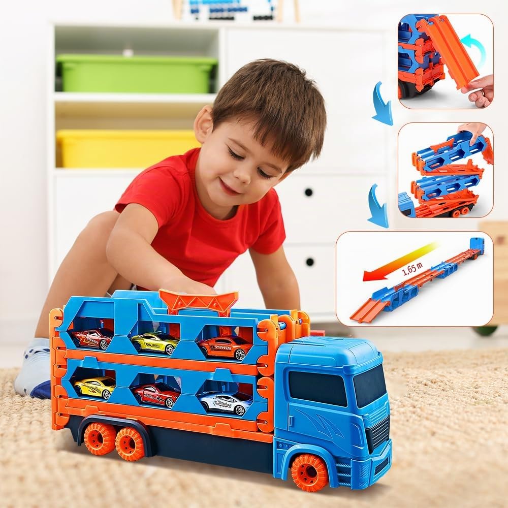 VATOS Camión de Transporte Juguetes para Niños 3-6 Años, Portátil Pista de Carreras Con 6 Coches, Mejor Regalo Vehículos
