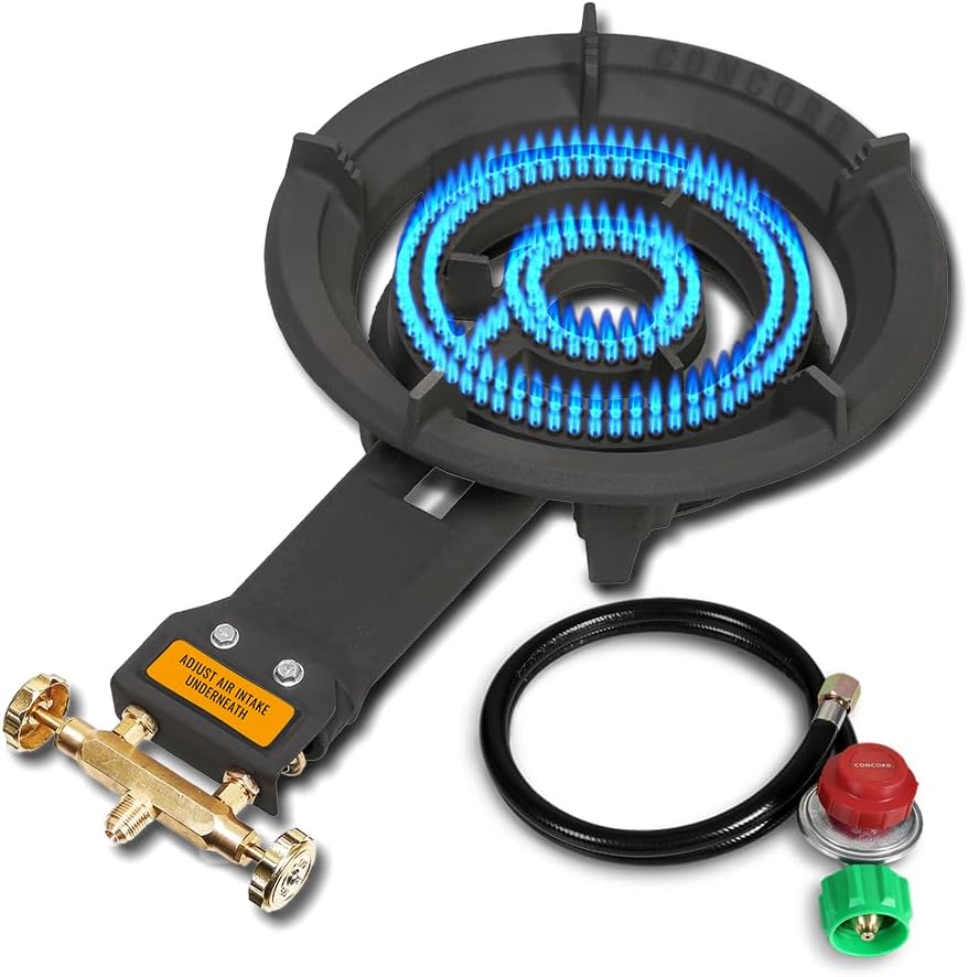 Concord Roadster Burner. 13" Cast Iron Single Propane Wok Dual Controlled Burner Rings, 90,000 Btu. Outdoor Cooking, Stir Frying, Countertop