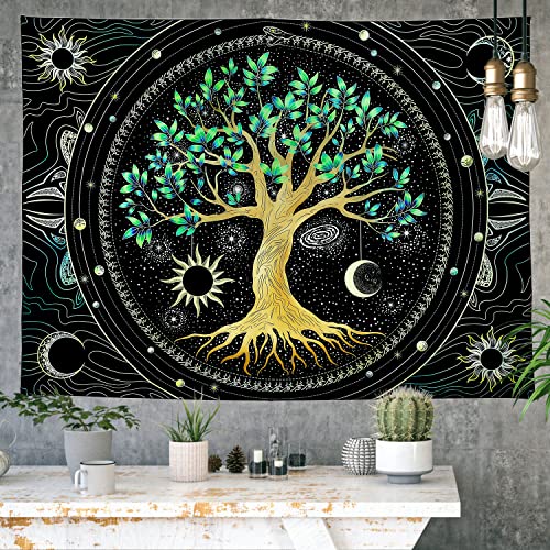 Image of Tapestry for Bedroom Aesthetic Black Light Tree of Life Tapestrys UV Reactive Trippy Talestry Colorful Wall tapistry Sun Moon Space Tapestries Green Forest Wall Hanging Decor Nature Ceiling Tapastry