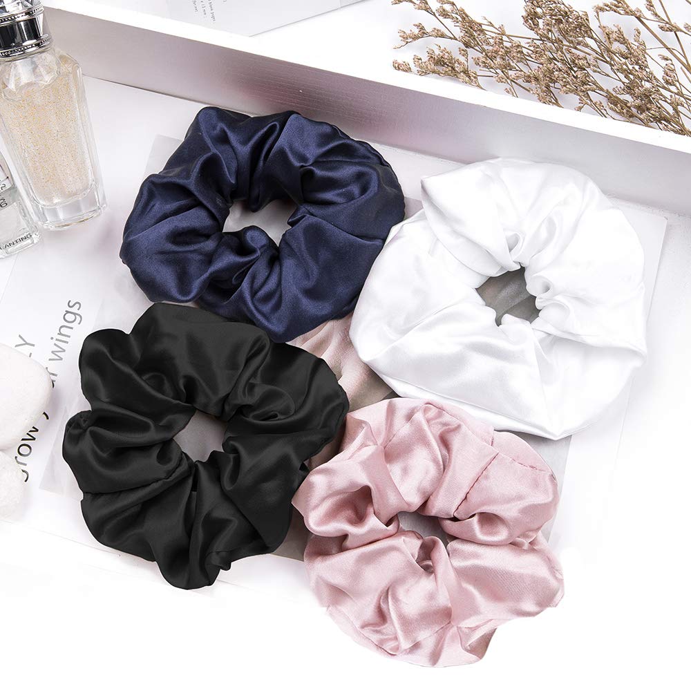LilySilk 4Pc Silk Scrunchies Set - 100% 6A Grade Mulberry Silk Charmeuse, Large & Skinny Set, for Women's & Girls Hair, 4 Count - Black