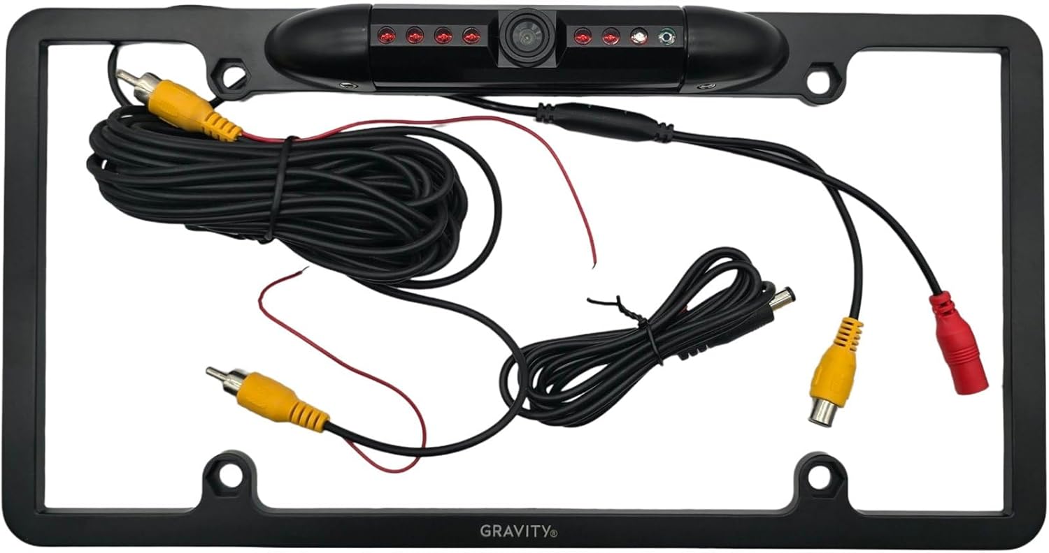 Gravity VGC1000PL Backup Camera - CMOS CVBS, Dynamic Parking Lines, Universal RCA Connection - Waterproof License Plate Rear View Camera - Black