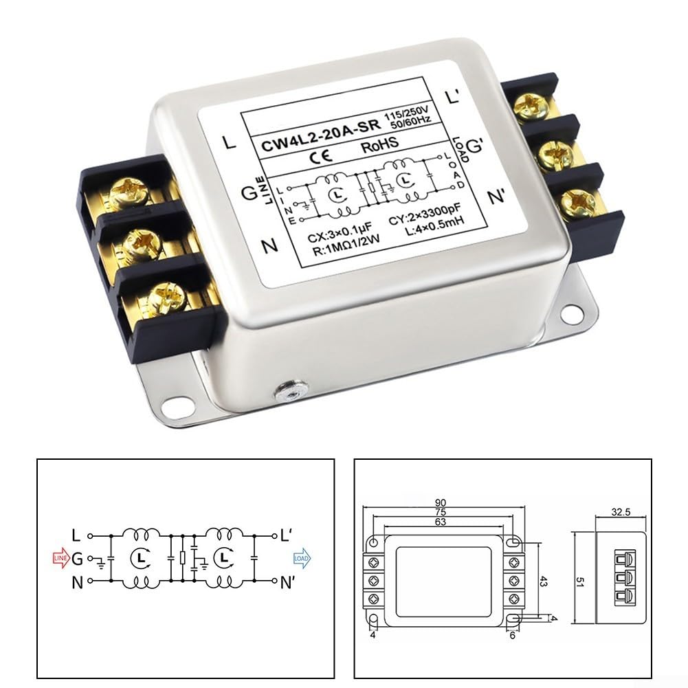 Filtre d'alimentation, filtre d'alimentation monophasé à 2 étapes avec différentes méthodes de connexion des bornes pour équipements électriques et électroniques (20 A)