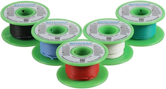 BNTECHGO 24 Gauge Silicone Wire Kit Red Black White Blue and Green Each 30ft 24 AWG Stranded Tinned Copper Wire