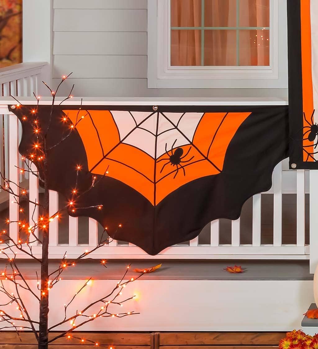 Plow & Hearth Halloween Spider Web Bunting, Double-Stitched Cotton Duck, Embroidered Details, Three Grommets, Bold Halloween Colors, Reuse Every Year, (Large)