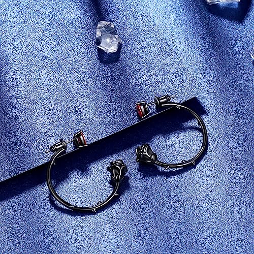 Beautlace Rose Hoop Earrings Sliver/Black Gun Plated Cute Elegant Flower Earring with Birthstone Jewelry Gifts for Women KE01023