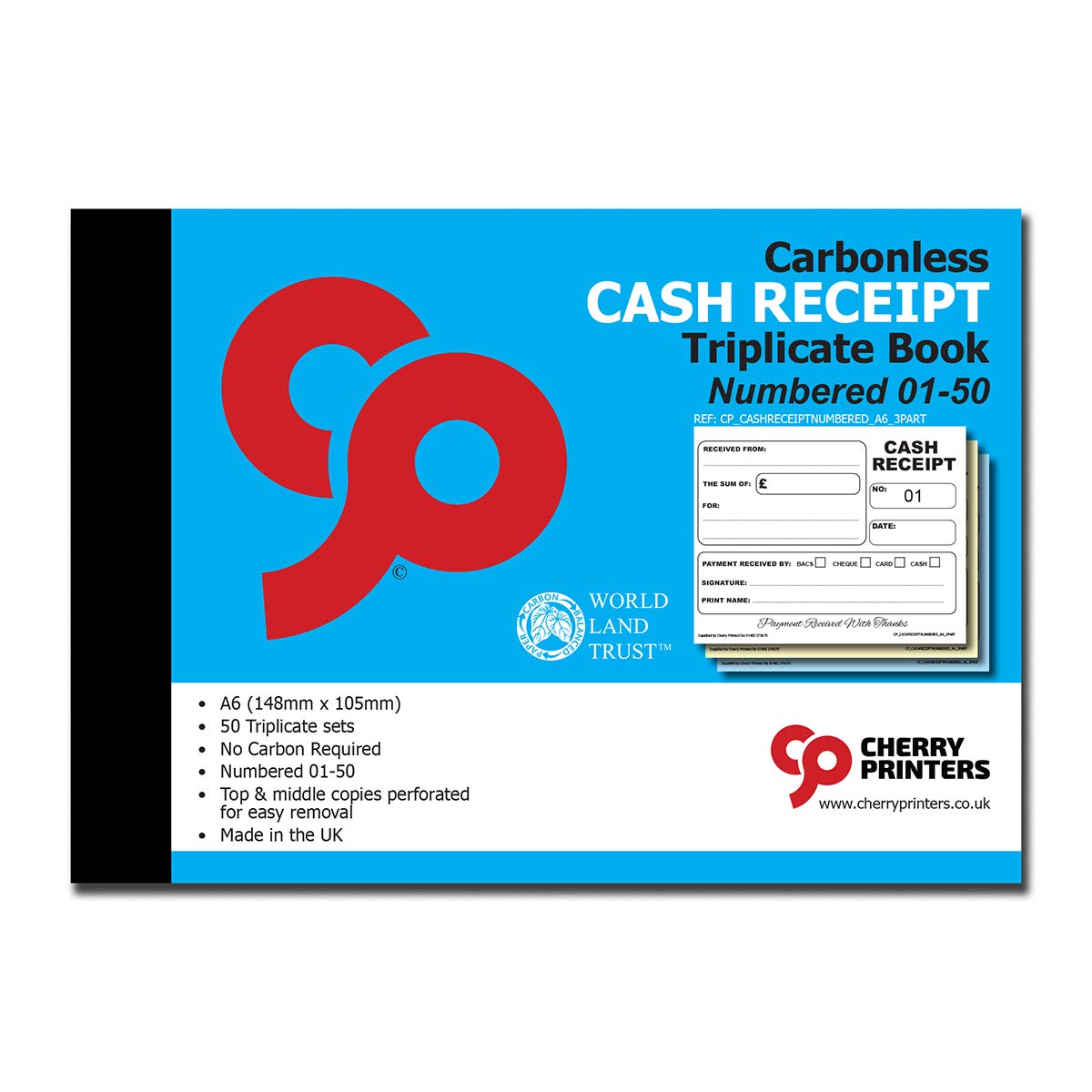 Cherry Carbonless (NCR) Cash Receipt Book Triplicate A6 50 Sets Numbered 1-50 Perfect for The Self Employed and Taxis
