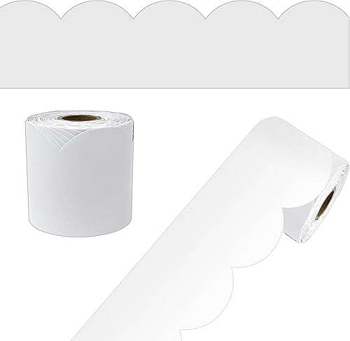 Carson Dellosa Education Bordes blancos de 65 pies para tablón de anuncios, 1 rollo de borde festoneado para pizarra blanca, corcho y cartón,