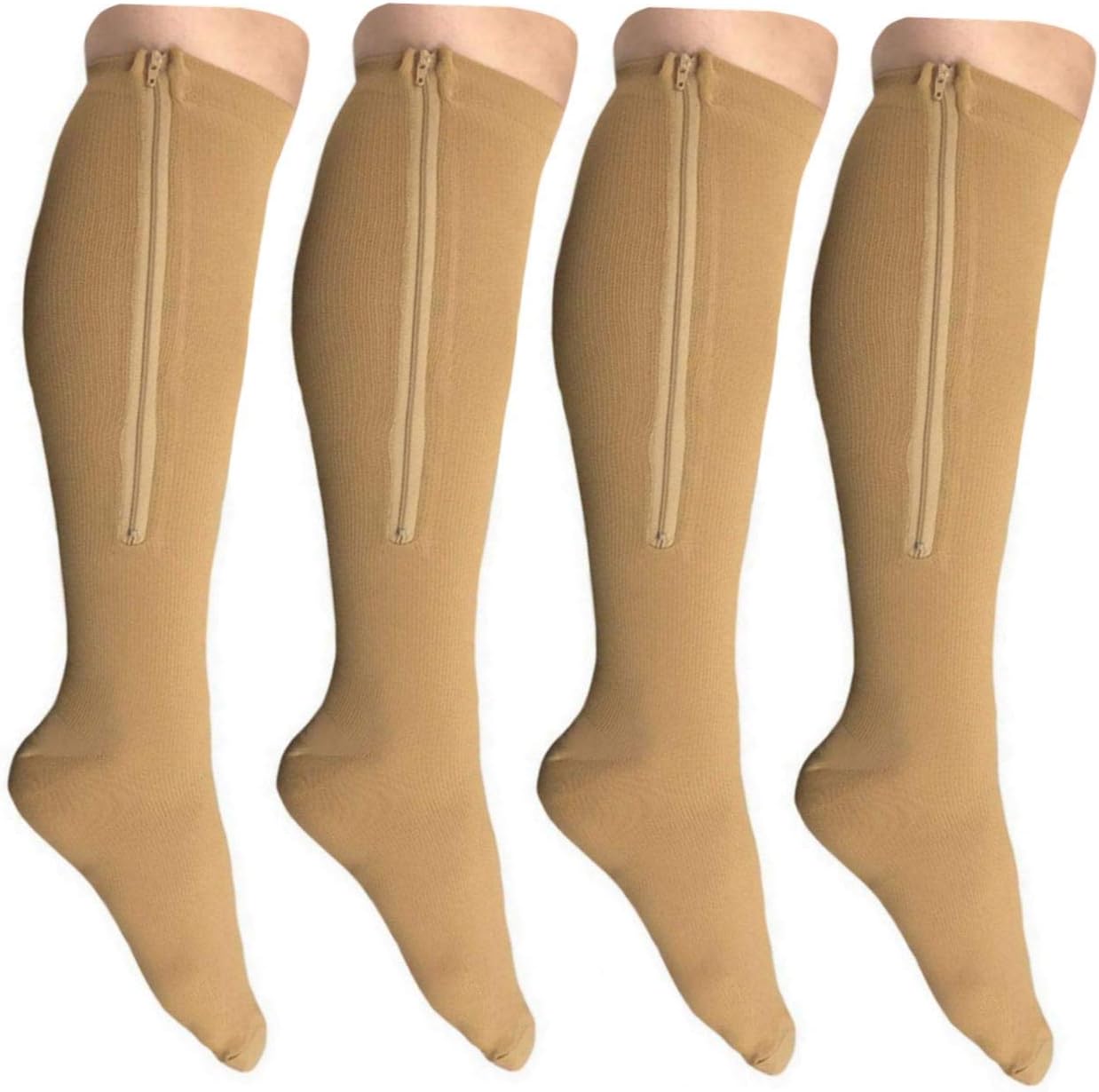 Starmace 2 Pack Closed Toe 15-20 mmHg Zipper Compression Knee Length Leg Calf Swelling Circulation Support Stocking Socks (Beige, 2XL)