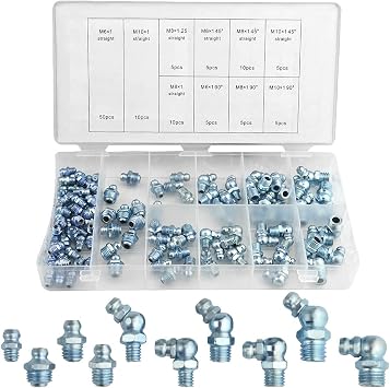 110Pcs Metric Hydraulic Grease Fitting Galvanized Steel M6 M8 M10 Straight 90 Degree 45 Degree Grease Fitting Assortment Kit