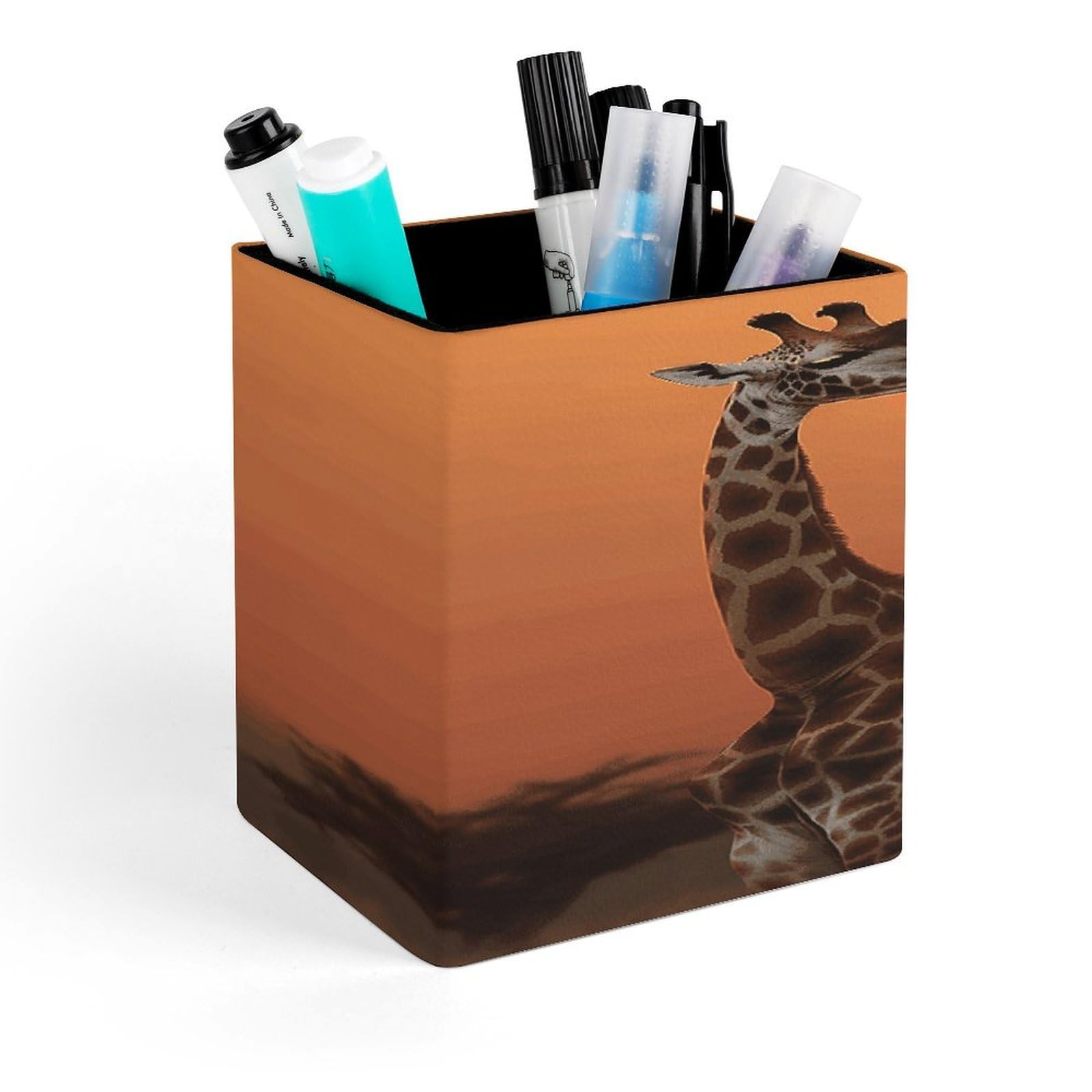 FekiLoot Giraffe at Sunset Pencil Holder for Desk Square Leather Pen Holder Cup Desktop Organizer Multi-Functional Pencil Cup Holders Modern Decorative Desk Organizer Caddy Makeup Brush Holders