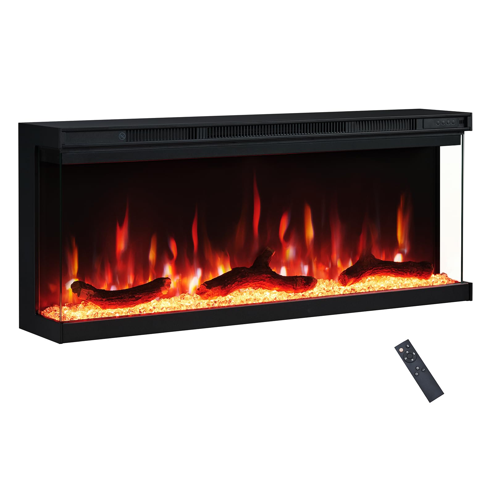 Flameko Black 40" Electric Fireplace, Recessed & Wall Mounted Media Wall Fire, 1/2/3 Sided Panoramic Led Flame Effect, Remote Control, 900W-1800W Heater, Logs & Crystals, Leura