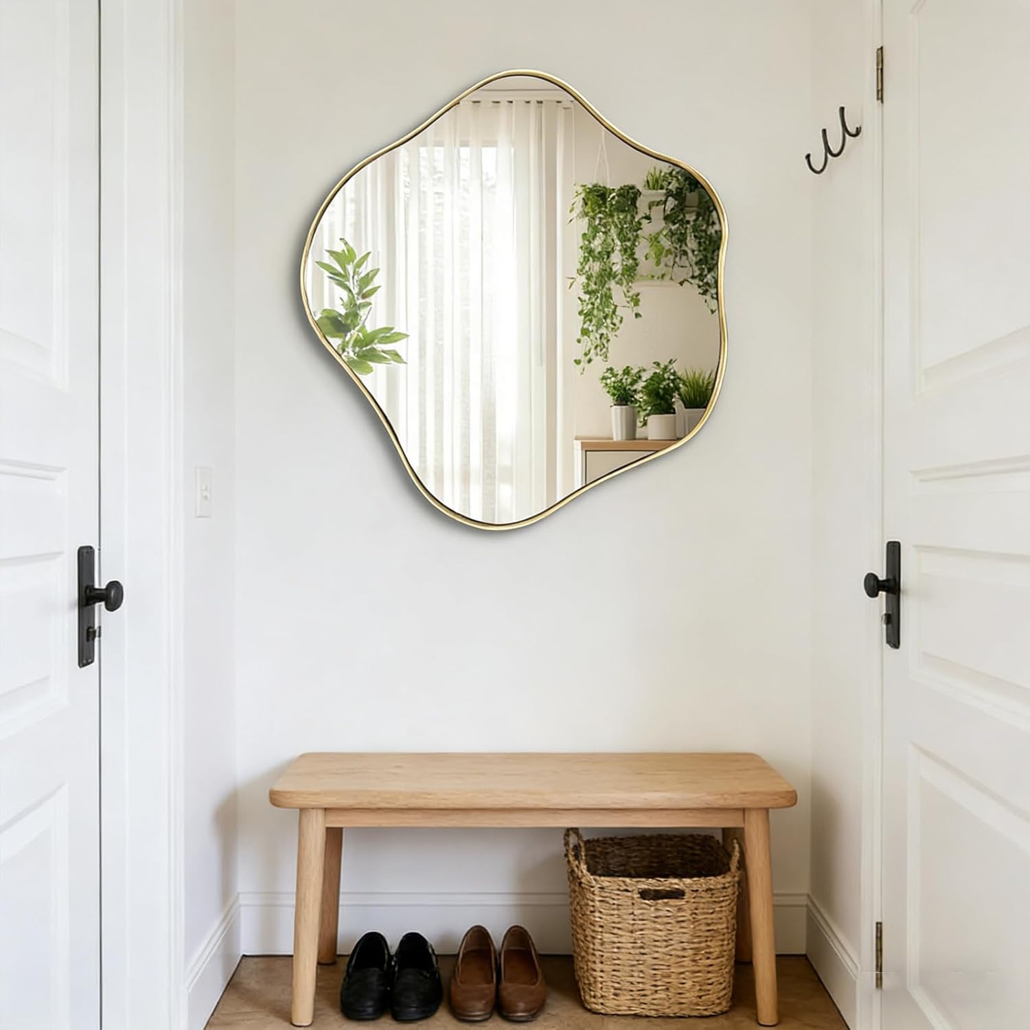 Asymmetrical Wall Mirror, 24" Irregular Shaped Mirror with Gold Frame, Wavy Round Mirrors Decorative, Modern Scalloped Mirrors for Living Room Bathroom Bedroom Hallway Entryway Fireplace