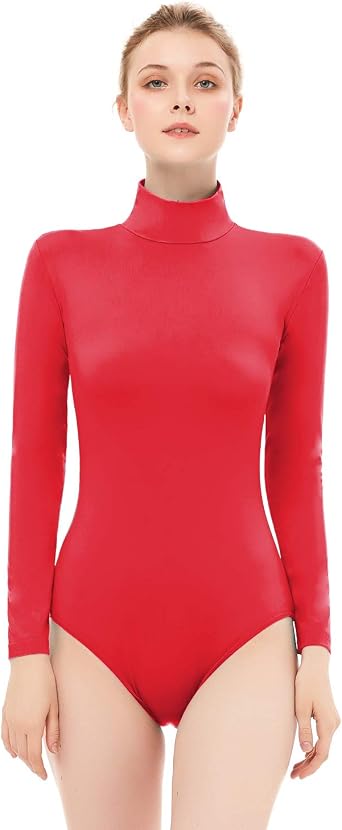 Womens Long Sleeve Leotard Turtleneck Spandex Dance Bodysuit Dancewear Gym Yoga