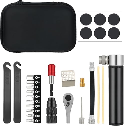 Kit de herramientas de bicicleta de 28 piezas, juego de reparación de bicicletas portátil, juego de neumáticos planos para bicicleta con mini bomba,