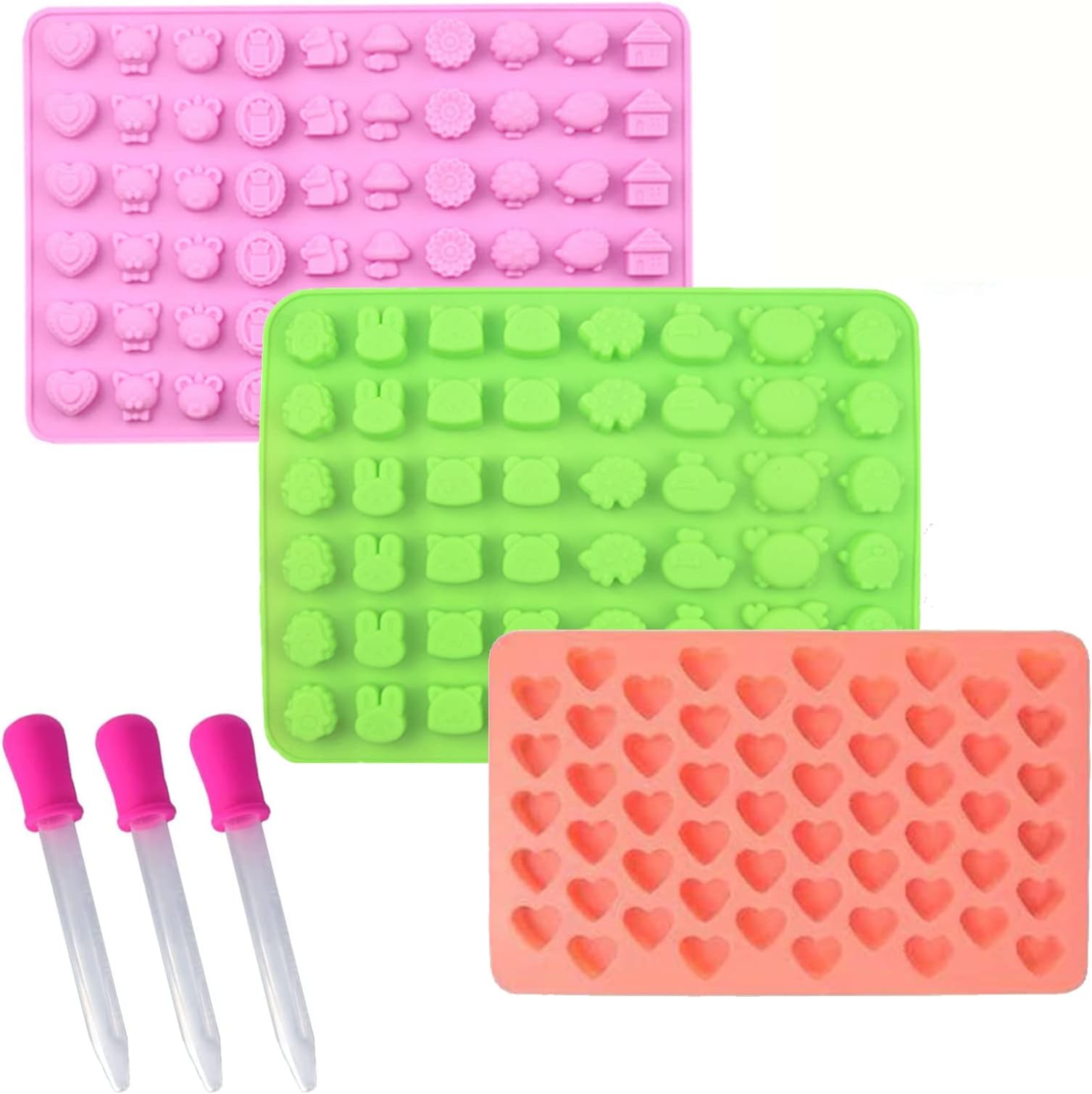 3Pcs Gummy Mold,Candy Molds Silicone, Chocolate Mould With 3 Droppers Making,Animal Heart Shape Molds for Baking