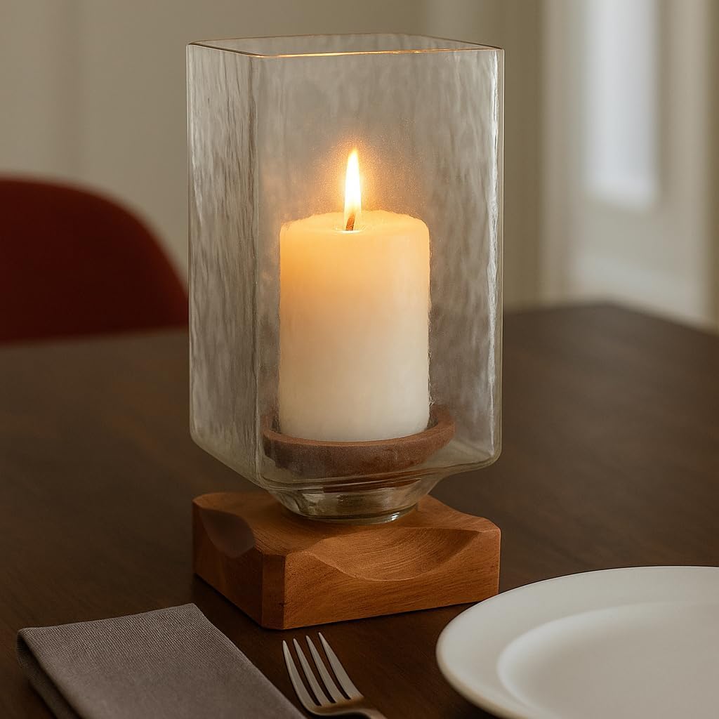 Decorative Wood and Glass Candle Holder Hurricane - Contemporary Pillar Candlestick Holder for Dining Table Centerpieces - Stylish Home Decor Accent for Bookshelf or Entryway Decor - 11", Brown