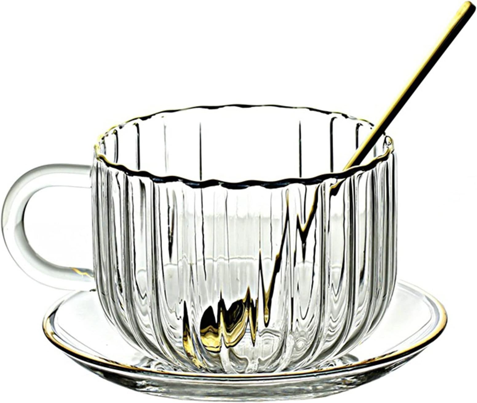 amokk Clear Glass Mugs Tea Cup and Saucer with Spoon for Coffee, Milk, Tea 15 Oz