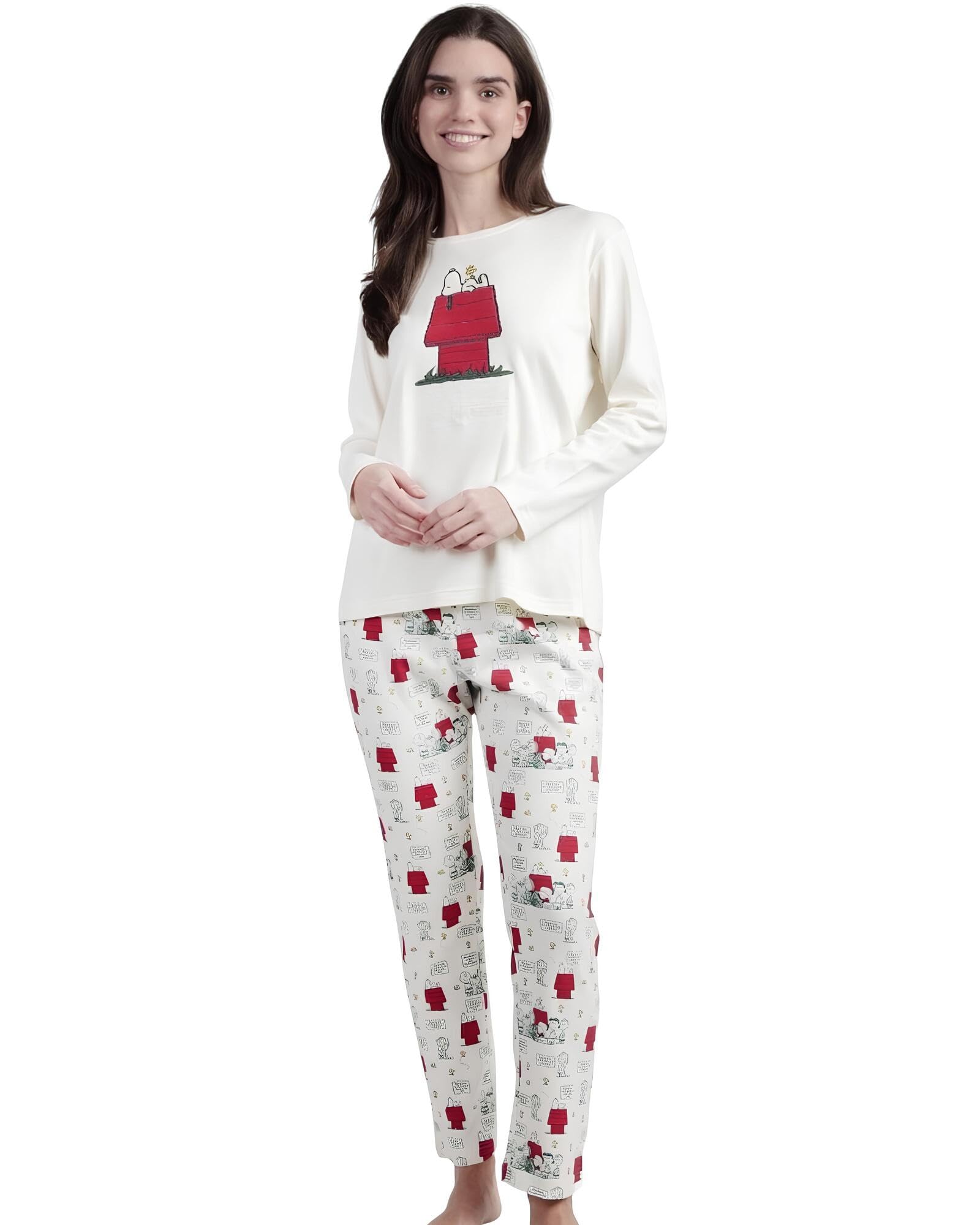 Peanuts Pigiama Donna Invernale in 100% Caldo Cotone Art. 63241 – Maglia Manica Lunga con Ricamo in Spugna + Pantalone Fantasia