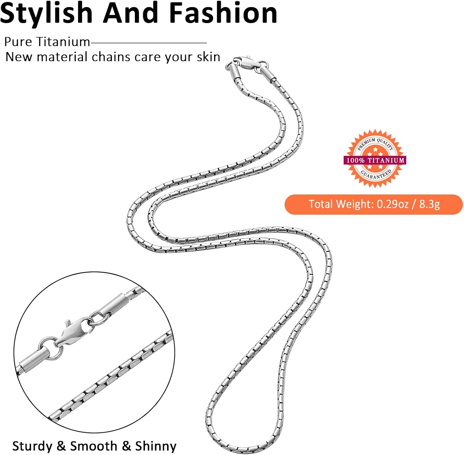 SanThree 2.2mm Pure Titanium Snake Chain Necklace for Women Men, Skin Friendly Titanium Square Rolo Box Chains Necklaces Jewelry Gifts for Birthday Anniversaries Christmas New Year Holiday, 21.65" - Image 4