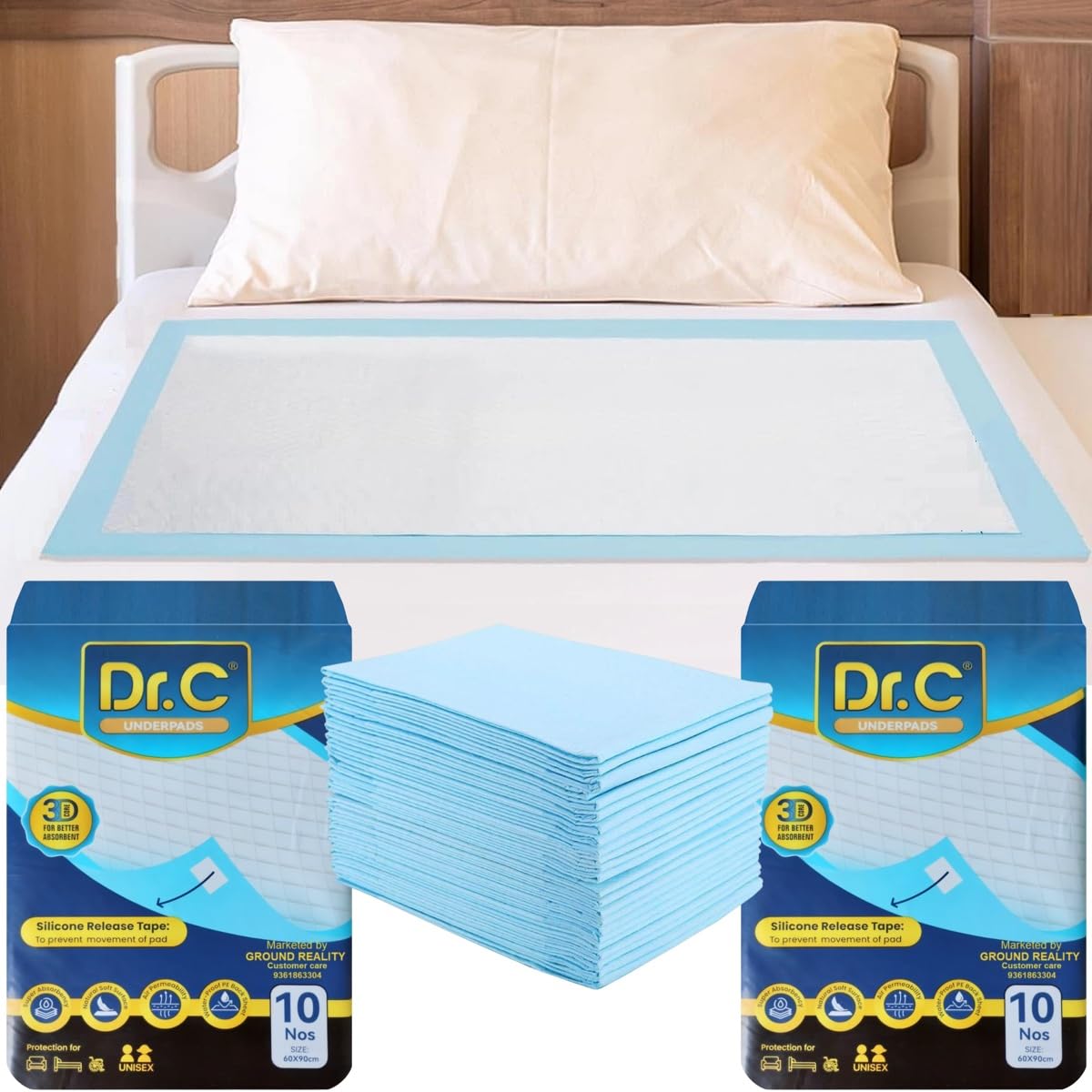 Dr C Advanced 3D Core Disposable Underpad Bed Pad Mat 60x90 Large Sheet for Adults Elders Patients Baby- Diaper Changing Urinary Under Pads Superior Absorbency with 4 Non Slip Tape (1 Pack 10 Sheets)-image-12