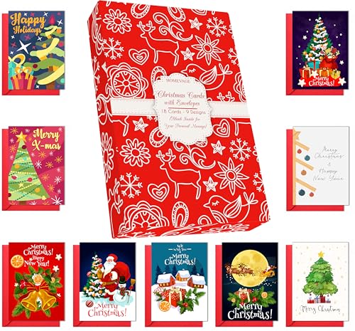 HOMEVAGE Christmas Cards with Envelopes in Box, 18 Pack 350gsm Cards with 9 Designs (2pcs/Design), Folded 5"x7", Gifts for Him, Her, Men, Women, Boss, Friend, Boss, Colleague, Mom, Dad