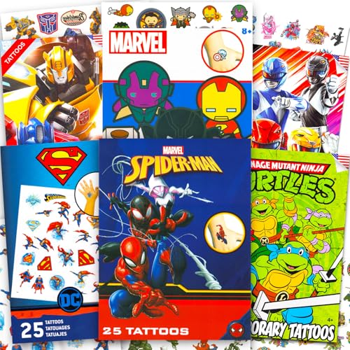 Superhero Tattoos Ultimate Set - Bundle of 150 Pcs Super Hero Temporary Tattoos | Marvel Avengers Superman TMNT Power Rangers Transformers