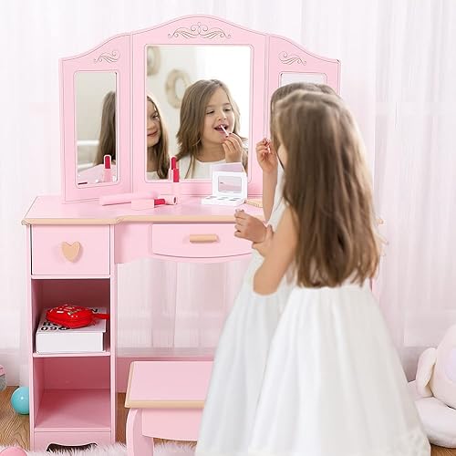 Miniatura 4 de ShiningLove Juego de tocador de maquillaje para niños, mesa y silla para niñas con espejo y cajón, regalo para edades de 4 a 9 años, color rosa