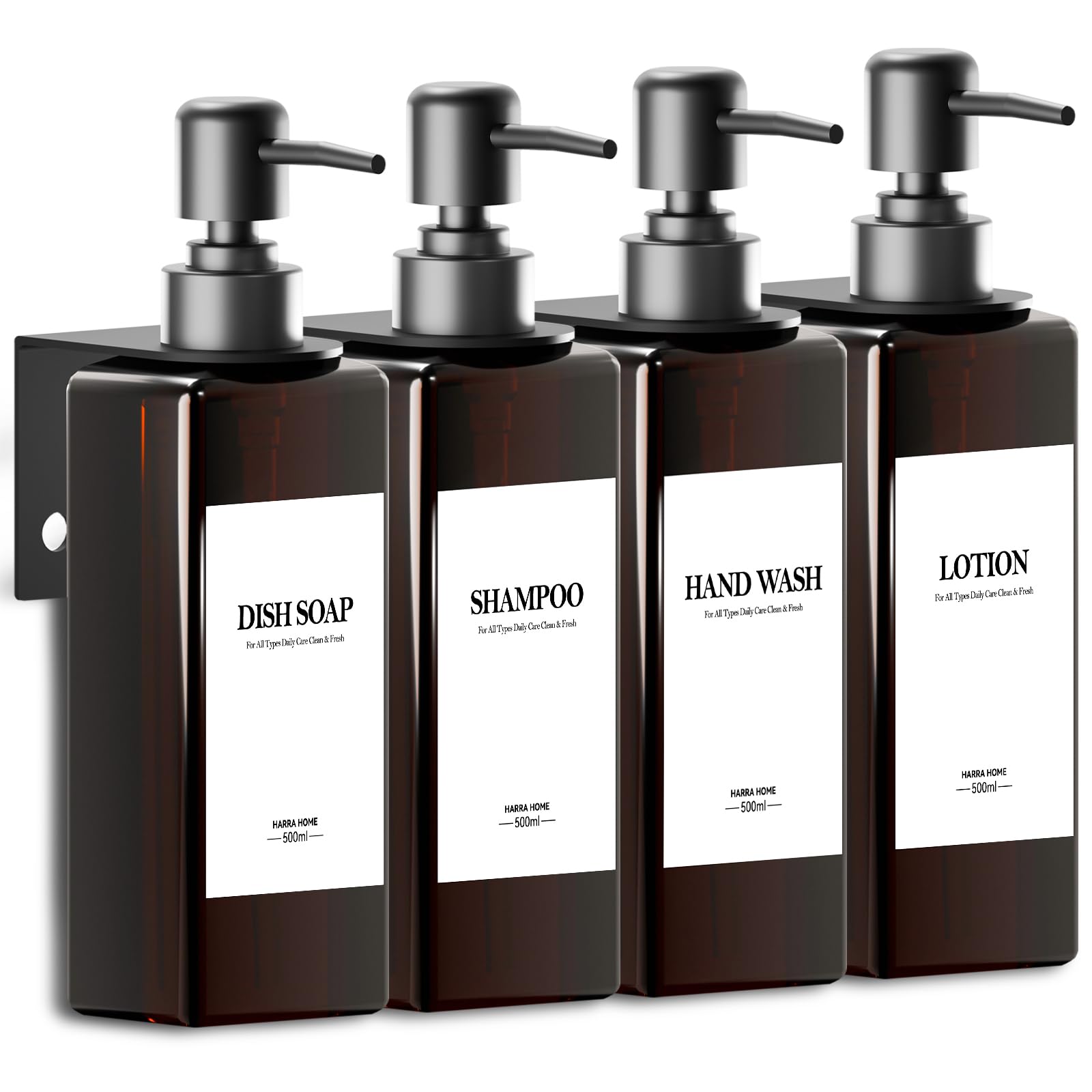 4 sztuki Dozownik mydła pod prysznic ścienny, dozownik mydła w łazience bez wiercenia 500 ml brązowy dozownik szamponu i kąpieli pod prysznic z lejkiem i trójwymiarowymi etykietami do łazienki, kuchni