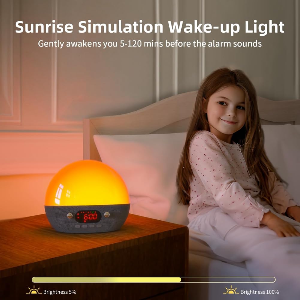 Despertador de Amanecer Altavoz Bluetooth para Dormitorio 11 Máquina de Sonido de Ruido, Luz de Noche de Atardecer Luz de Despertador para Niños