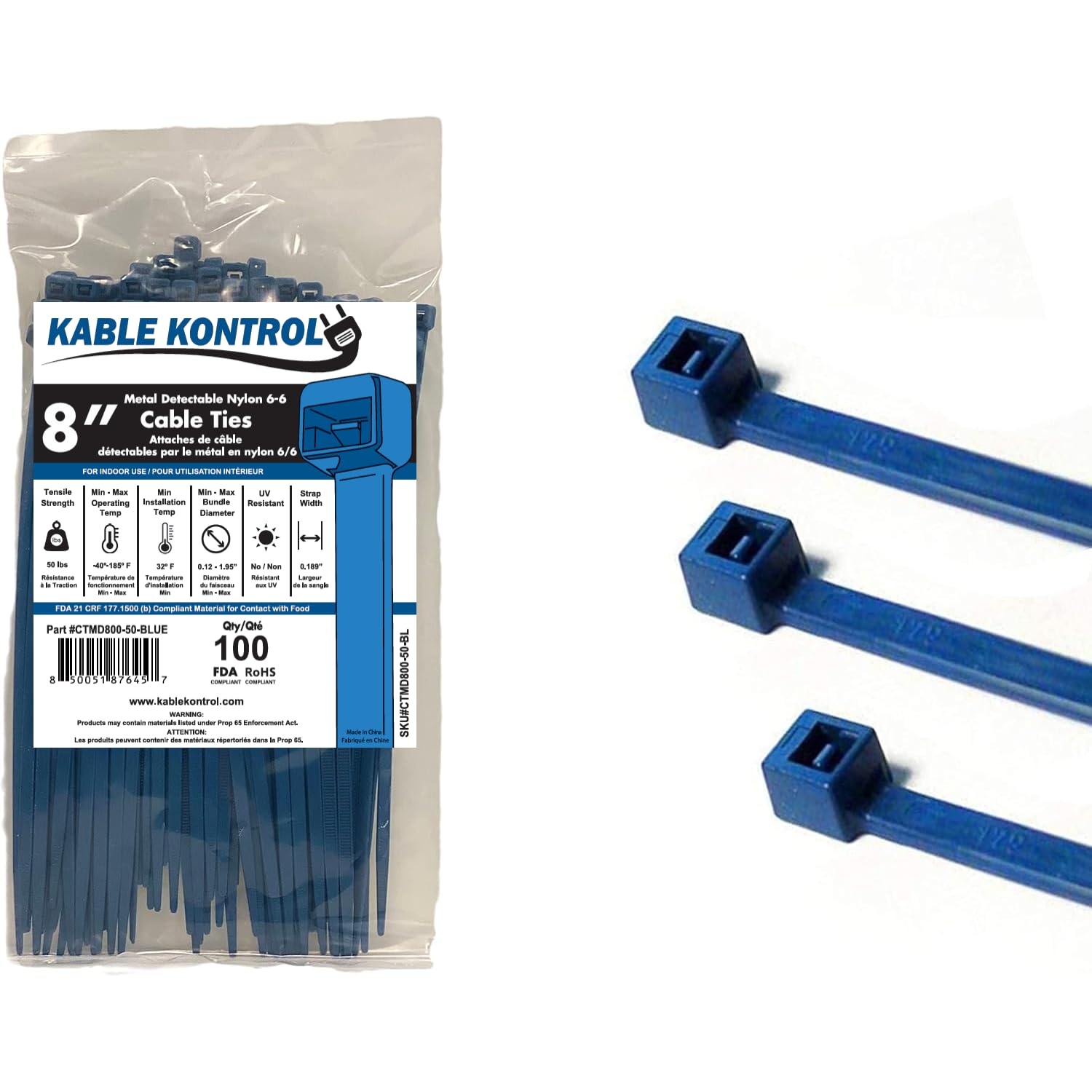 Metal Detectable Nylon Cable Ties, 100 pcs/Pack (50lb TESTED, 8" Long)