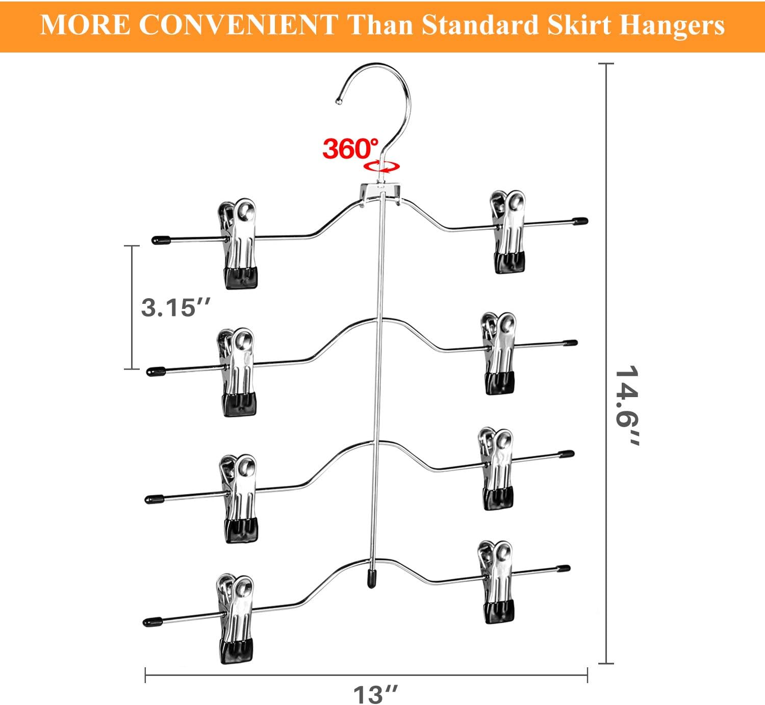 Multi Layer Pants Hangers, 4 Tier Skirt Hangers with Adjustable Clips, Non Slip Space Saving Closet Organizer Heavy Duty 360 Degree Swivel Hook, Great for Slack, Trouser, Jeans(Black)