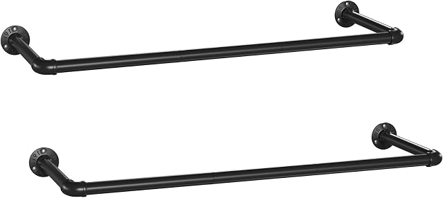 SONGMICS Wall-Mounted Clothes Rails, Set of 2, Industrial Pipe Clothes Rails for Clothes, Space-Saving, Heavy-Duty, 92 x 30 x 7.5 cm, for Small Space, Black HSR67BK02