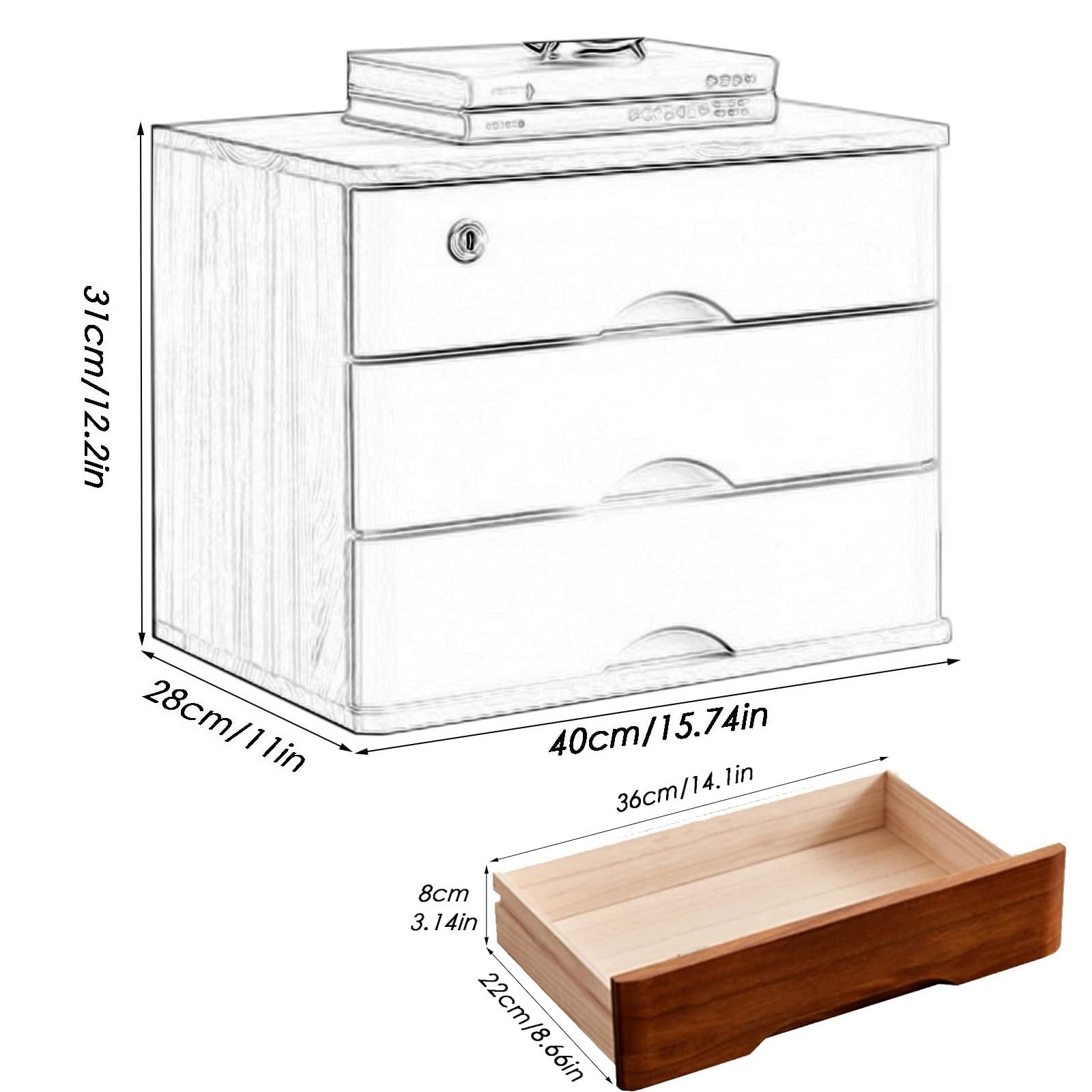 Mobiletto Portadocumenti da scrivania in Legno massello - Scatola con Serratura a 3 Strati per Forniture per Ufficio, Accessori per scrivania, mobiletto Portadocumenti in Legno per casa e Ufficio
