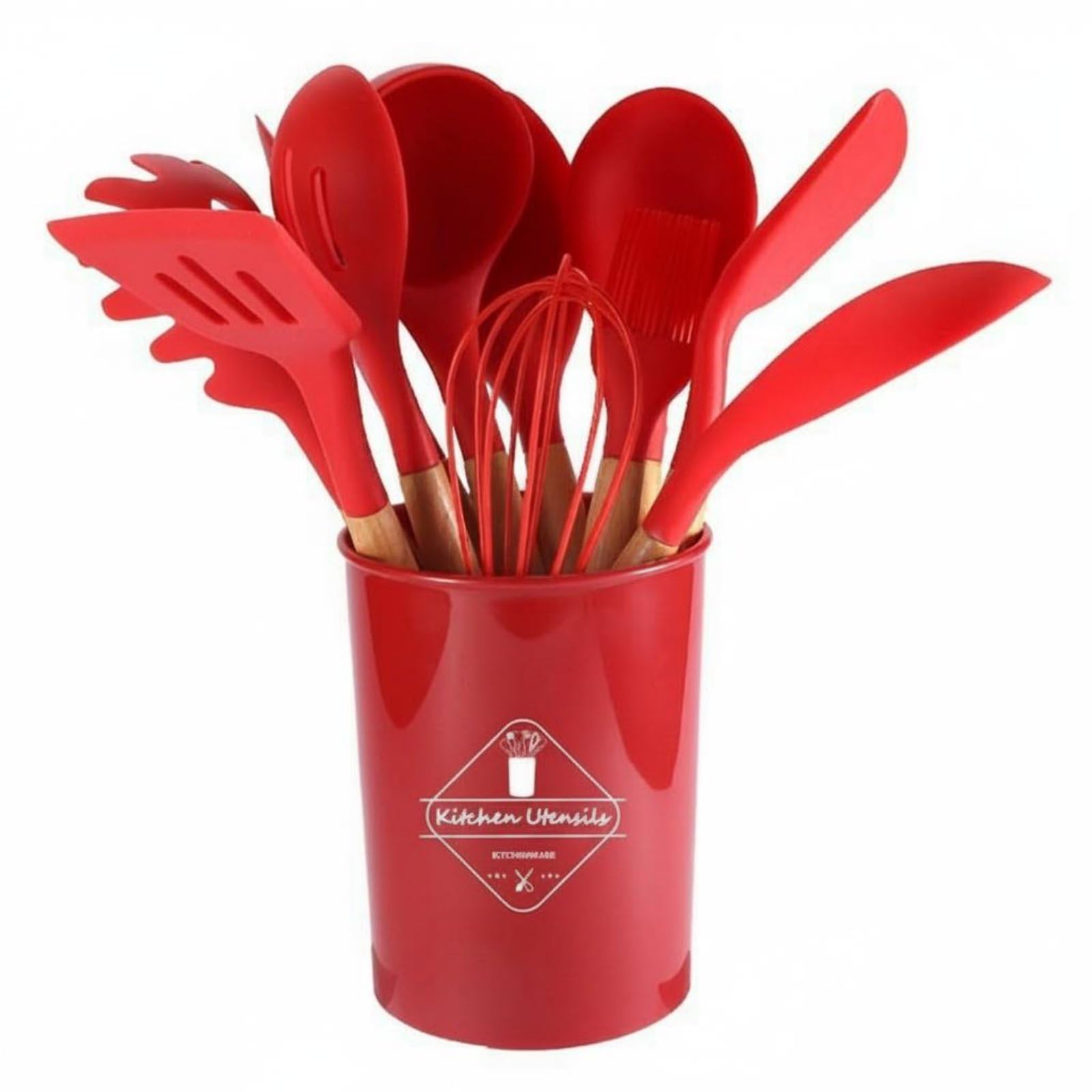 kowaku Ustensiles de Cuisine en Silicone Ustensiles Spatules Fouet Louche avec Seau de Rangement Manche en Bois Isolant Résistant à 230 Cm Silicone, Red