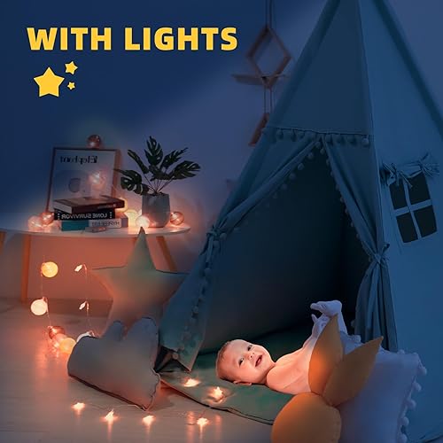 Miniatura 5 de Tienda de campaña tipi para niños con alfombra, luces de estrella, funda de transporte, casa de juegos de lona de algodón, tiendas de campaña