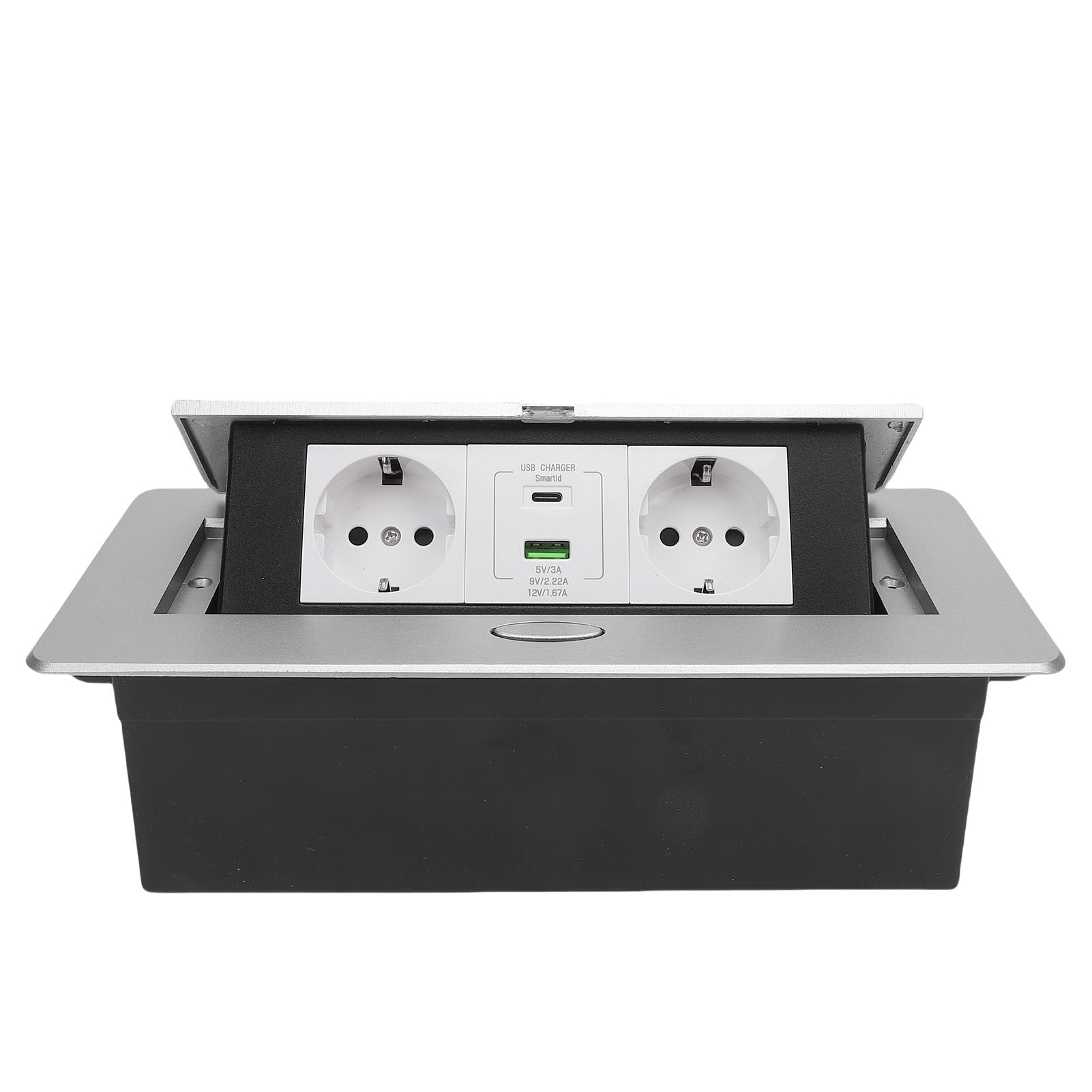 Listwa Zasilająca Pop Up, Srebrny Gniazdo Blatowe z 20W USB | Wpuszczane gniazdo przelotowe zasilania, wbudowana instalacja, konstrukcja przeciwdeszczowa do kuchni, biura, domu