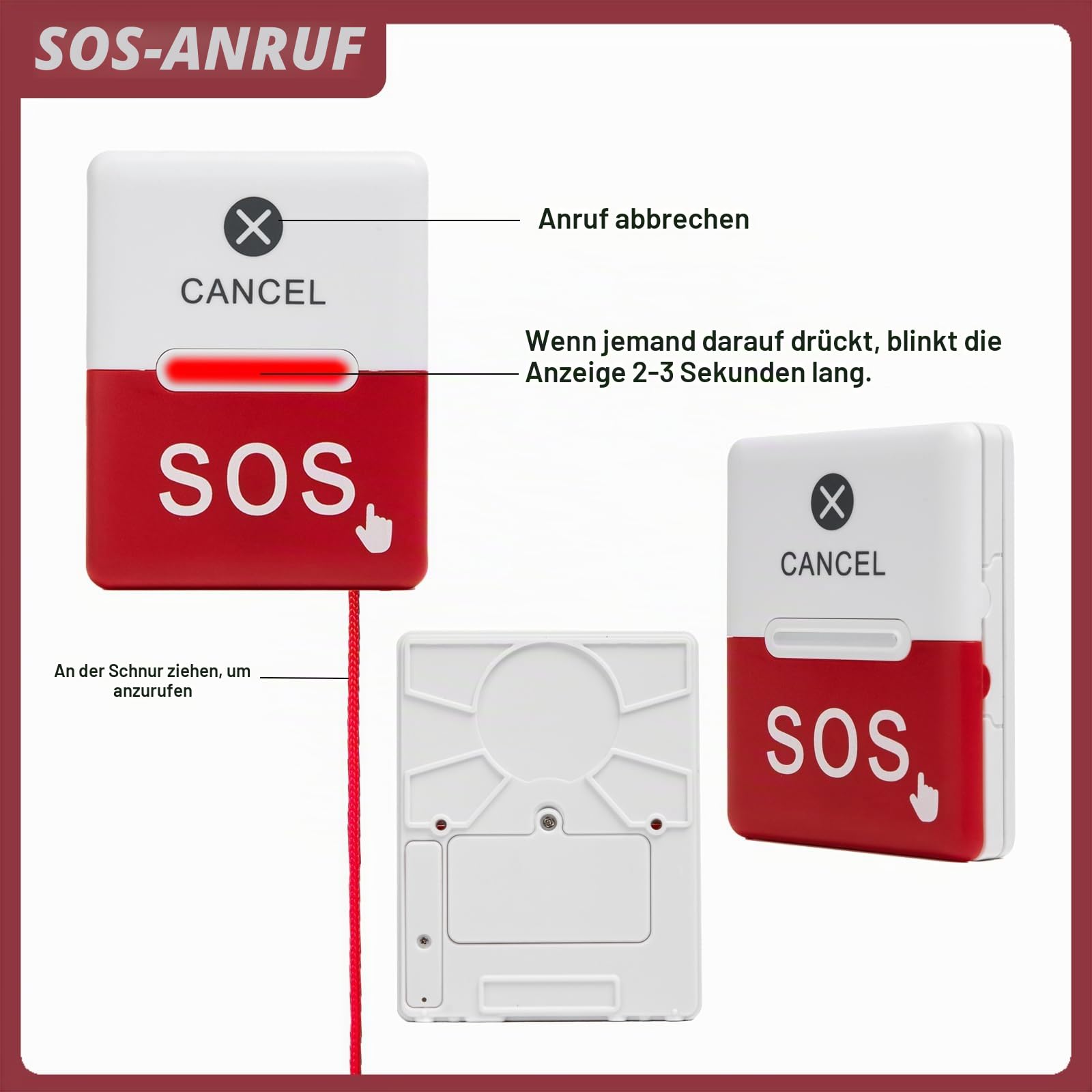 Behinderten-WC-Notruf | SOS-Notrufsystem für Barrierefreie Toilette/Bad | Alarmknopf WC, Notrufanlage Behinderten WC für Person mit Behinderung, Senior, Patient (1 Rufmodul+1 Notruftaste)