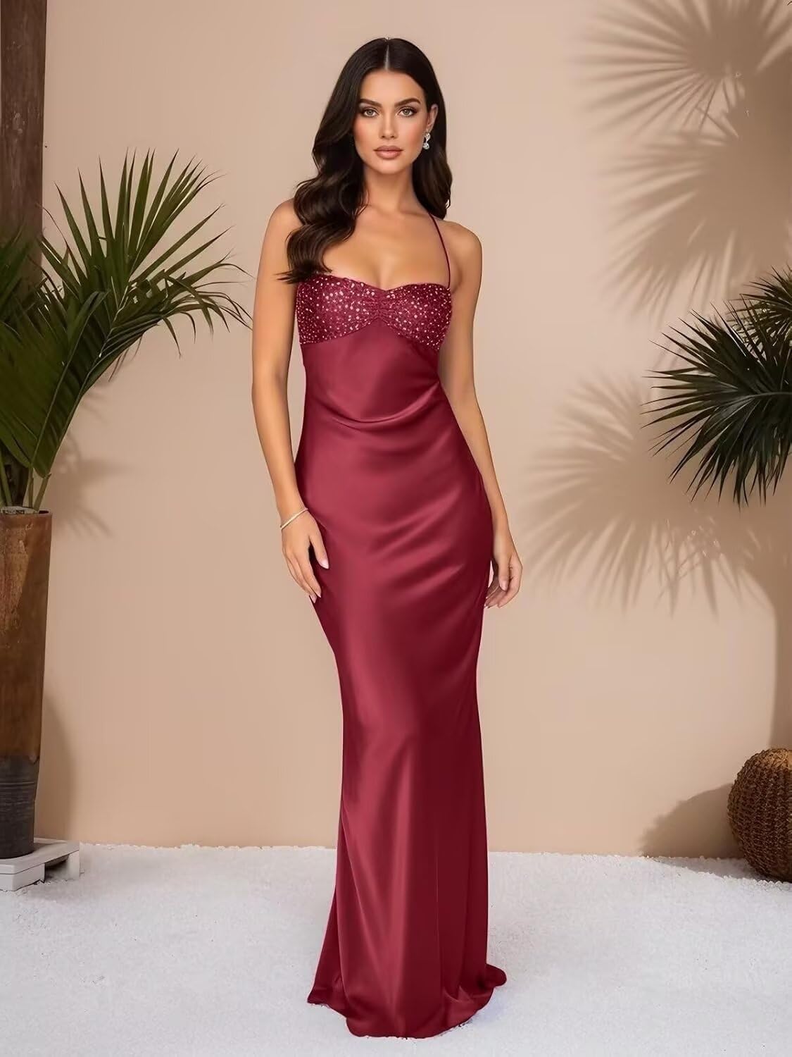 Women’s Satin Maxi Dress with Beaded Bodice and Lace-Up Back – Formal Evening Gown for Weddings and Prom
